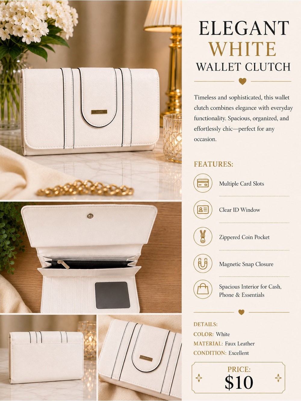 Elegant Faux Leather White Wallet Clutch